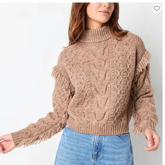 A.N.A Women L Mock Neck Long Sleeve Cable Knit Fringe Pullover Sweater Boho West - Picture 1 of 13